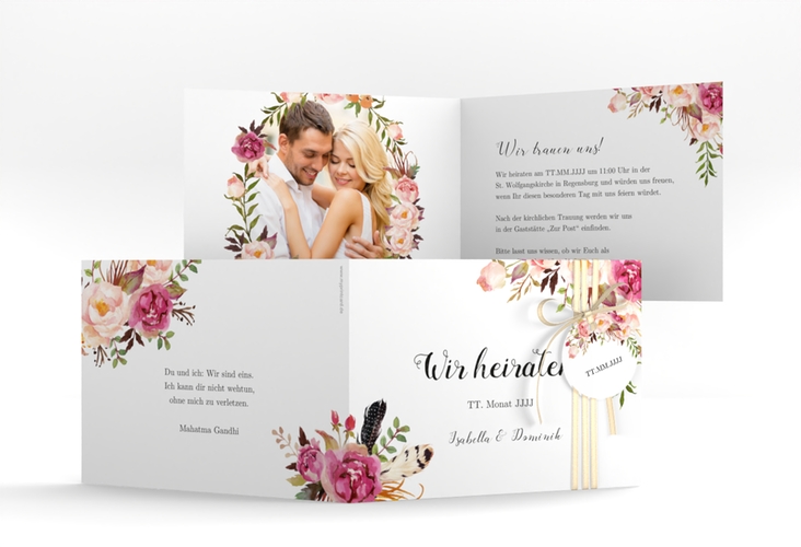 Hochzeitseinladung Flowers A6 Klappkarte quer weiss mit bunten Aquarell-Blumen