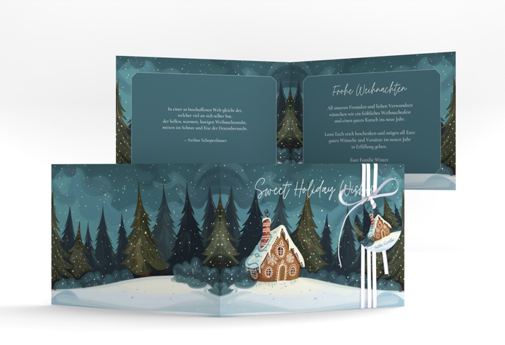 Weihnachtskarte Knusperhaus A6 Klappkarte quer tuerkis hochglanz mit Lebkuchenhaus im Winterwald