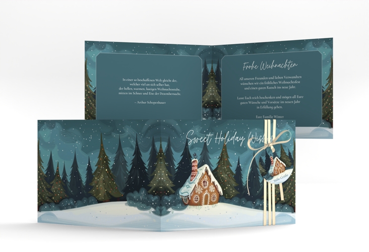 Weihnachtskarte Knusperhaus A6 Klappkarte quer tuerkis hochglanz mit Lebkuchenhaus im Winterwald