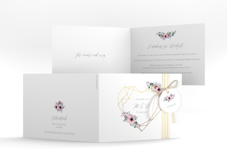 Hochzeitseinladung Herzgold A6 Klappkarte quer weiss hochglanz