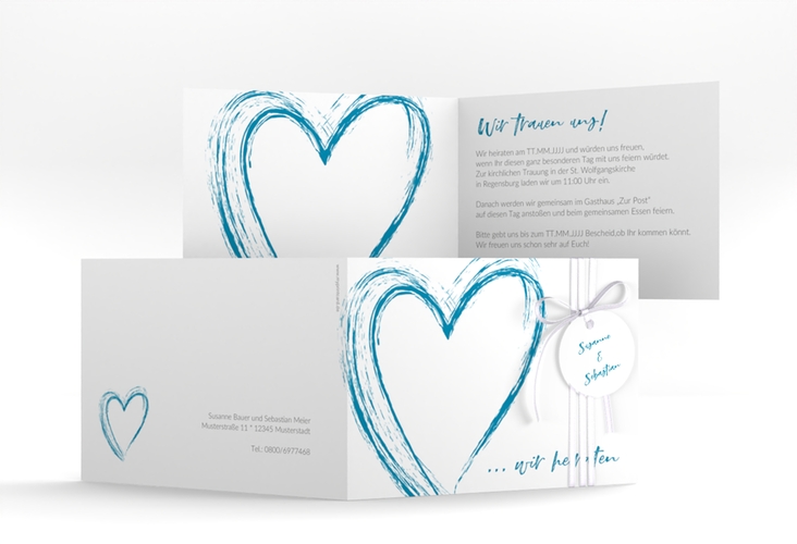 Hochzeitseinladung Liebe A6 Klappkarte quer tuerkis hochglanz