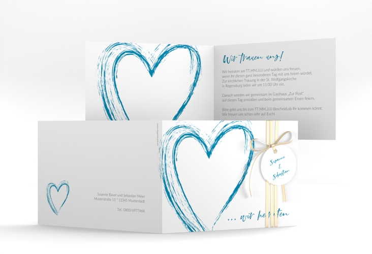 Hochzeitseinladung Liebe A6 Klappkarte quer tuerkis hochglanz