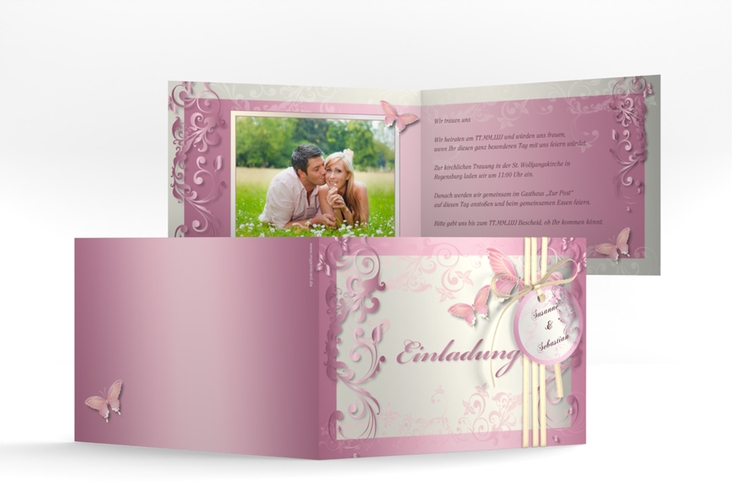 Hochzeitseinladung Toulouse A6 Klappkarte quer rosa mit Schmetterlingen und Schnörkeln