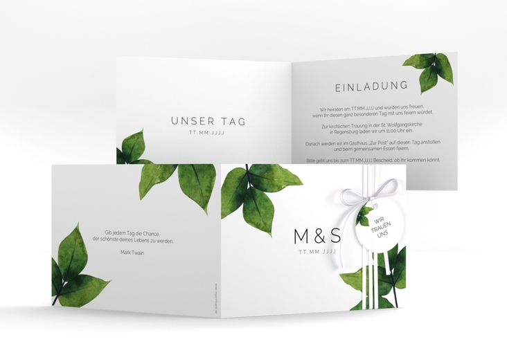 Hochzeitseinladung Greenery A6 Klappkarte quer minimalistisch mit grünen Blättern
