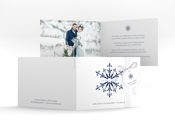 Hochzeitseinladung Crystal A6 Klappkarte quer weiss mit Eiskristall