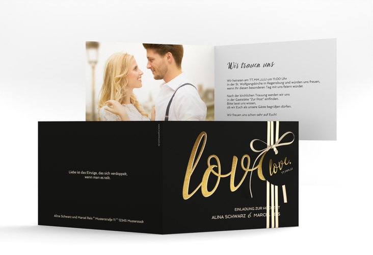 Hochzeitseinladung Glam A6 Klappkarte quer schwarz hochglanz