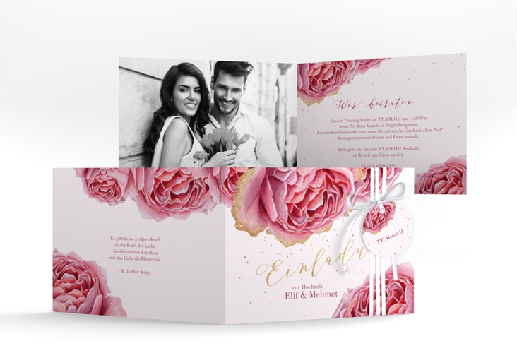 Hochzeitseinladung Cherie A6 Klappkarte quer rosa hochglanz