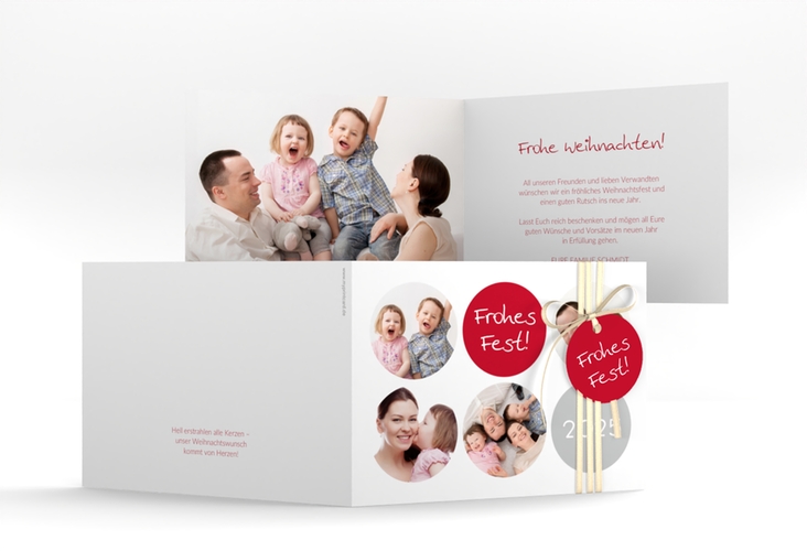 Weihnachtskarte Joy A6 Klappkarte quer weiss mit runden Fotos