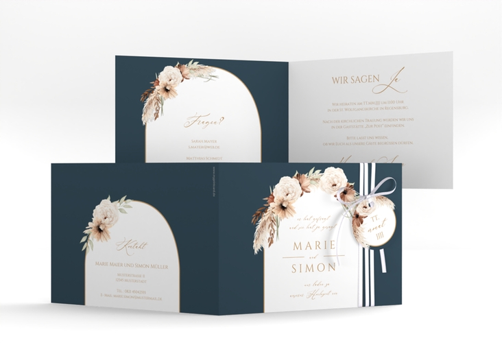 Hochzeitseinladung Blumenbogen A6 Klappkarte quer blau hochglanz