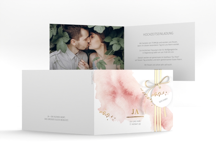 Hochzeitseinladung Pastell A6 Klappkarte quer rosa hochglanz
