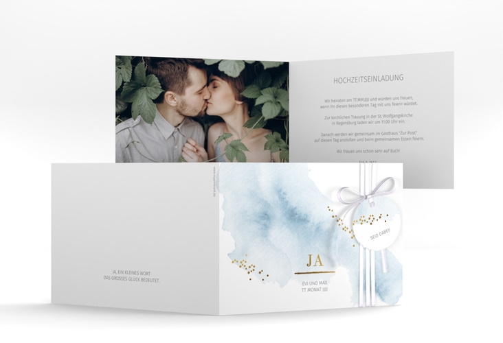 Hochzeitseinladung Pastell A6 Klappkarte quer blau hochglanz