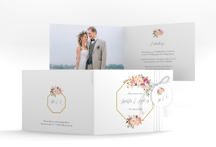 Hochzeitseinladung Prachtvoll A6 Klappkarte quer weiss hochglanz
