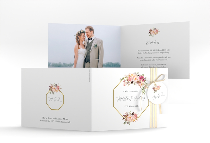 Hochzeitseinladung Prachtvoll A6 Klappkarte quer weiss hochglanz