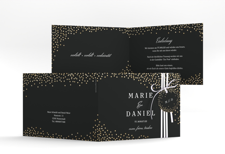 Hochzeitseinladung Glitter A6 Klappkarte quer schwarz hochglanz