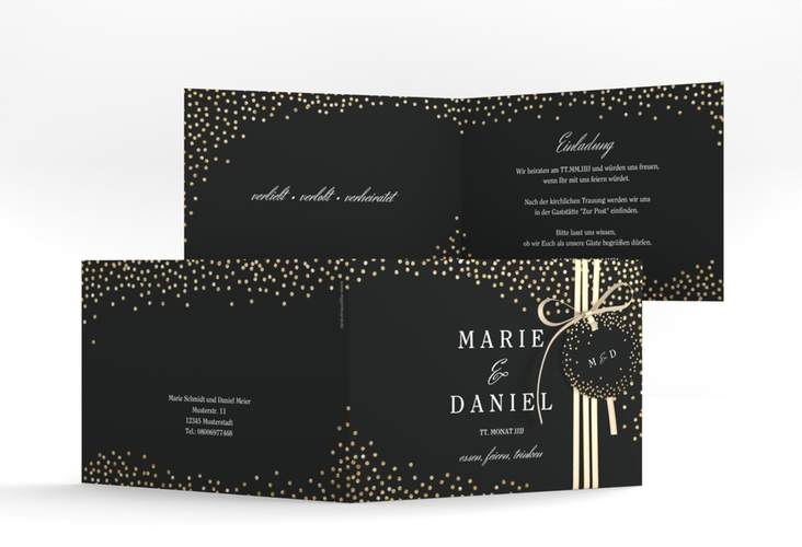 Hochzeitseinladung Glitter A6 Klappkarte quer schwarz hochglanz
