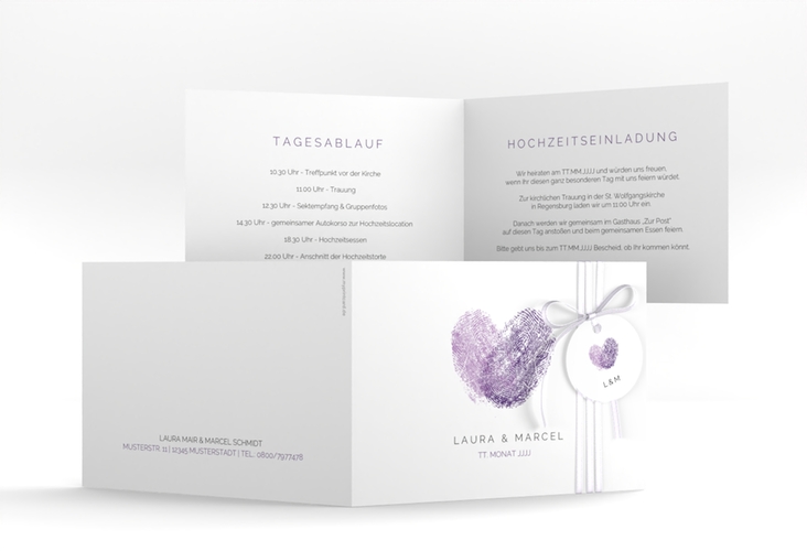 Hochzeitseinladung Fingerprint A6 Klappkarte quer lila hochglanz schlicht mit Fingerabdruck-Motiv