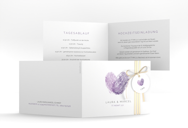 Hochzeitseinladung Fingerprint A6 Klappkarte quer lila hochglanz schlicht mit Fingerabdruck-Motiv