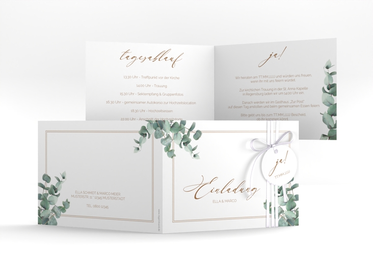 Hochzeitseinladung Eucalypt A6 Klappkarte quer hochglanz mit Eukalyptus und edlem Rahmen