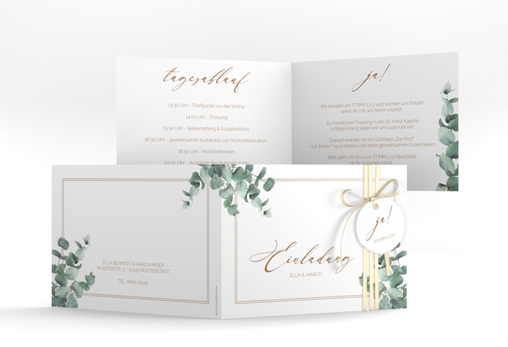 Hochzeitseinladung Eucalypt A6 Klappkarte quer hochglanz mit Eukalyptus und edlem Rahmen