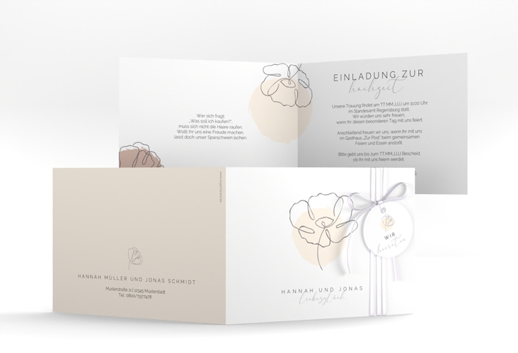 Hochzeitseinladung Flowerline A6 Klappkarte quer apricot