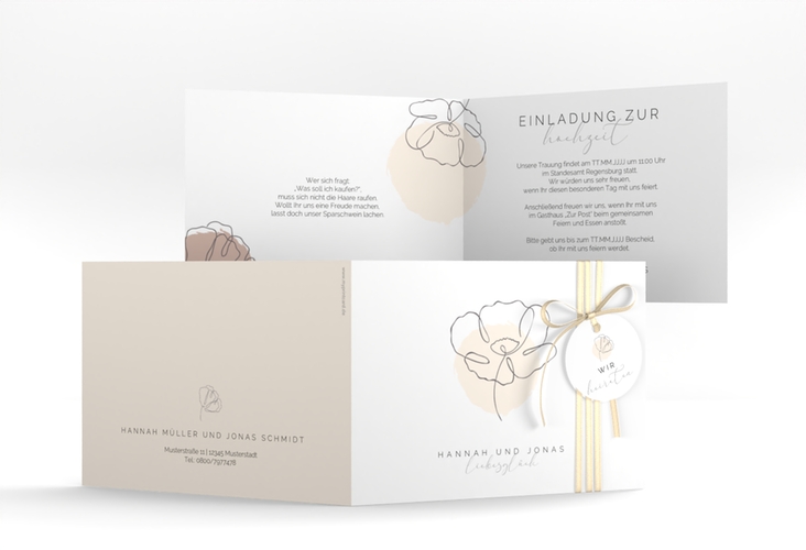 Hochzeitseinladung Flowerline A6 Klappkarte quer apricot