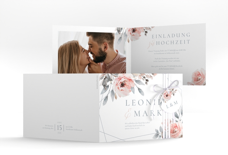 Hochzeitseinladung Perfection A6 Klappkarte quer weiss mit rosa Rosen