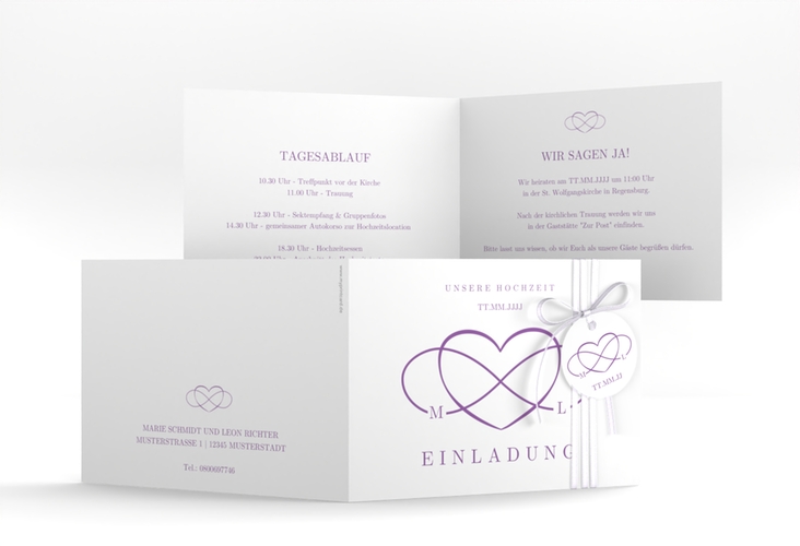 Hochzeitseinladung Infinity A6 Klappkarte quer lila