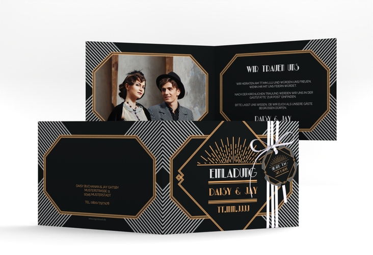 Hochzeitseinladung Gatsby A6 Klappkarte quer schwarz im 20er-Jahre-Stil