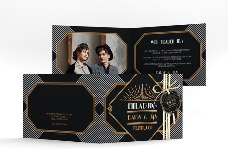 Hochzeitseinladung Gatsby A6 Klappkarte quer schwarz im 20er-Jahre-Stil