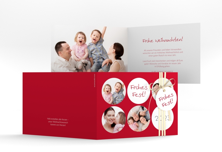 Weihnachtskarte Joy A6 Klappkarte quer rot mit runden Fotos