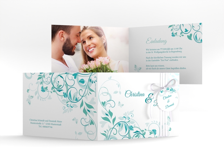 Hochzeitseinladung Lilly A6 Klappkarte quer tuerkis