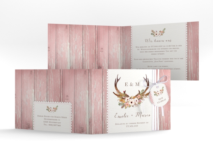 Hochzeitseinladung Heimatjuwel A6 Klappkarte quer rosa hochglanz mit Hirschgeweih und Holz-Hintergrund