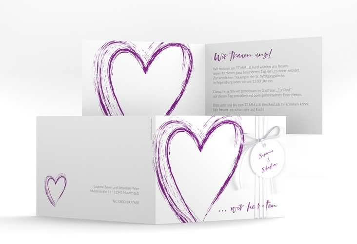 Hochzeitseinladung Liebe A6 Klappkarte quer lila hochglanz