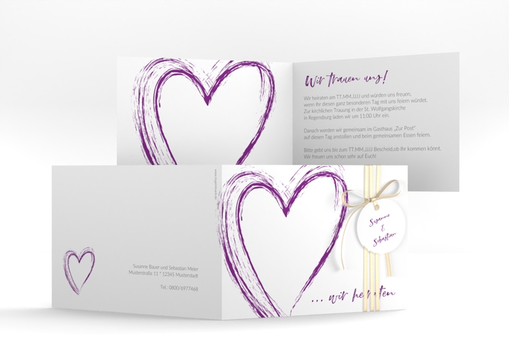 Hochzeitseinladung Liebe A6 Klappkarte quer lila hochglanz