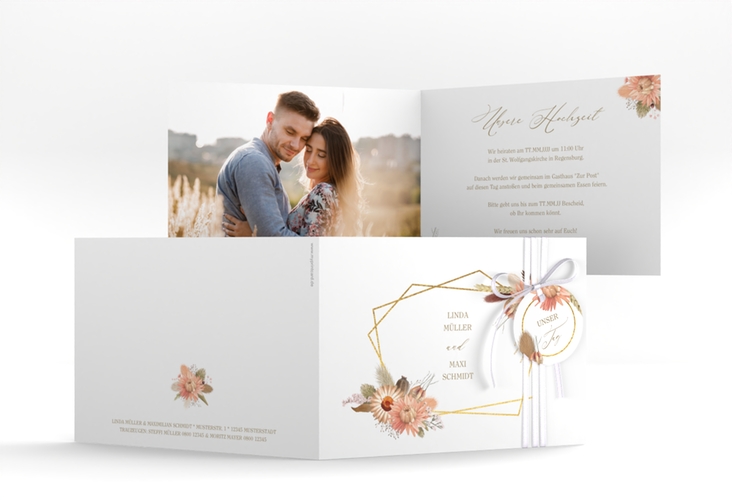 Hochzeitseinladung Strohblume A6 Klappkarte quer weiss