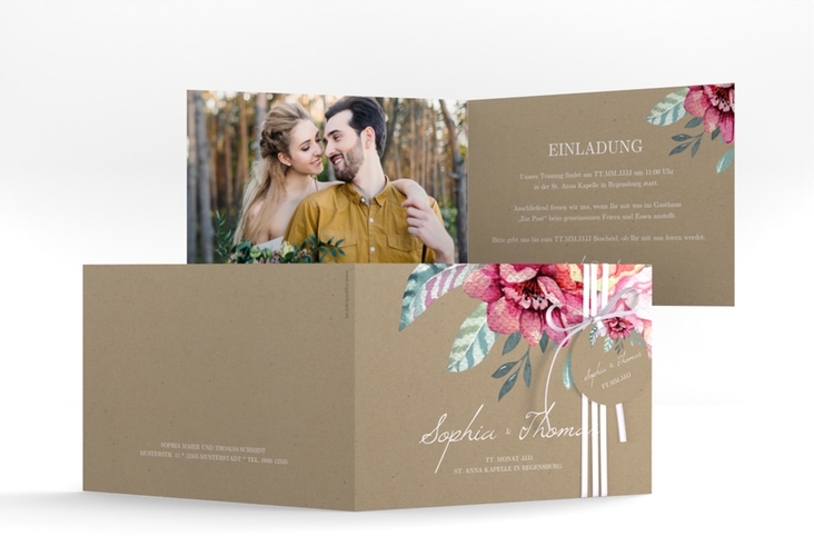 Hochzeitseinladung Blooming A6 Klappkarte quer Kraftpapier