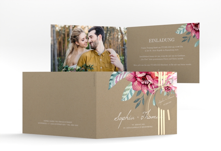 Hochzeitseinladung Blooming A6 Klappkarte quer Kraftpapier