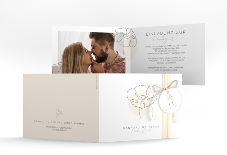 Hochzeitseinladung Flowerline A6 Klappkarte quer apricot