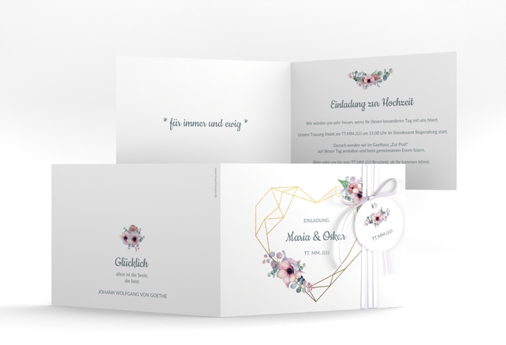 Hochzeitseinladung Herzgold A6 Klappkarte quer hochglanz