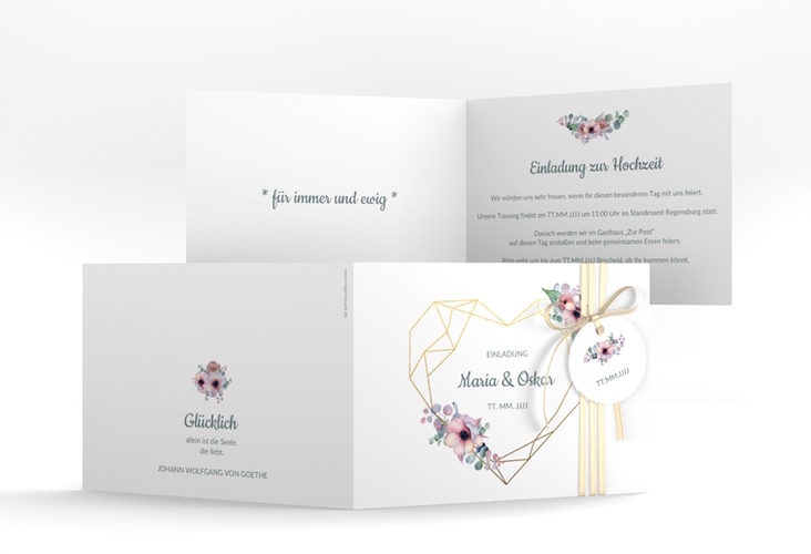 Hochzeitseinladung Herzgold A6 Klappkarte quer hochglanz