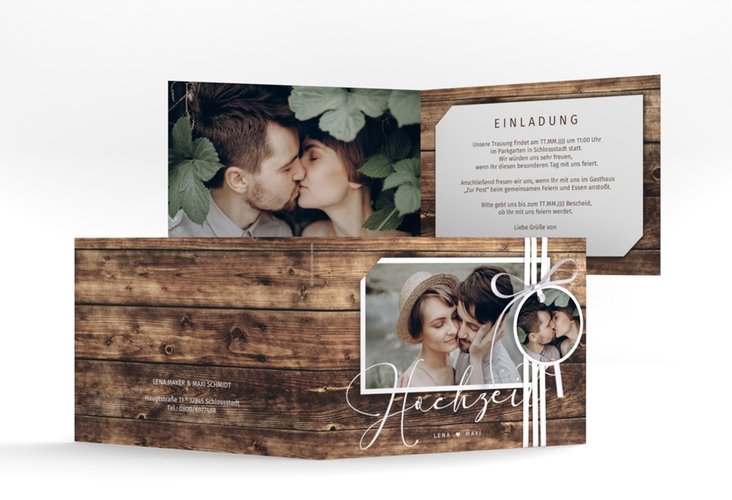 Hochzeitseinladung Rustic A6 Klappkarte quer hochglanz in Holz-Optik mit Foto