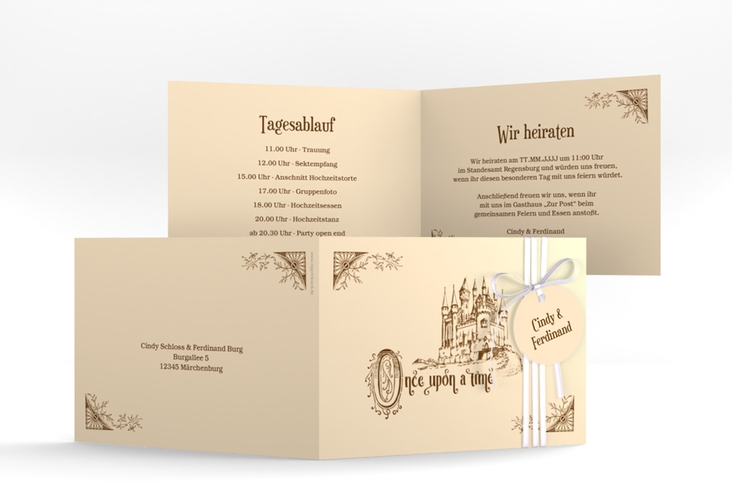 Hochzeitseinladung Storybook A6 Klappkarte quer hochglanz