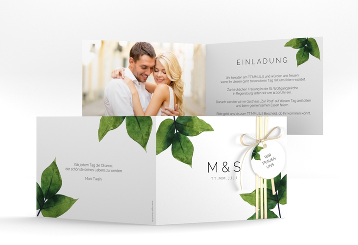 Hochzeitseinladung Greenery A6 Klappkarte quer gruen minimalistisch mit grünen Blättern