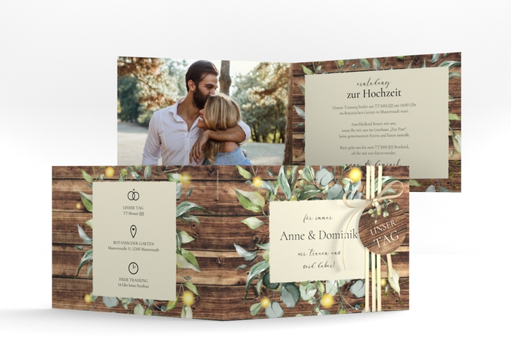 Hochzeitseinladung Greenwood A6 Klappkarte quer braun im Greenery-Design mit Holz, Eukalyptus und Immergrün