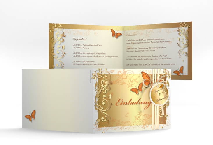 Hochzeitseinladung Toulouse A6 Klappkarte quer orange hochglanz mit Schmetterlingen und Schnörkeln