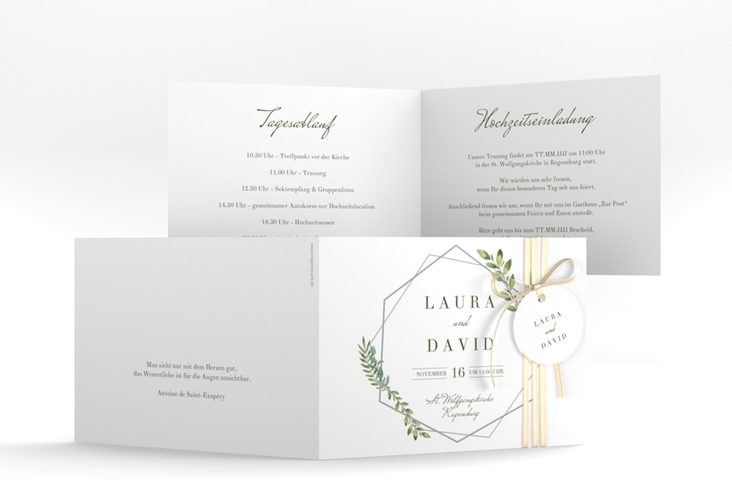 Hochzeitseinladung Herbarium A6 Klappkarte quer grau mit geometrischem Rahmen und Blätter-Dekor