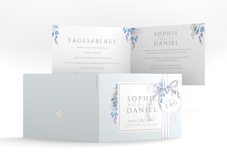 Hochzeiteinladung Blauregen A6 Klappkarte quer hochglanz mit Wisteria-Blüten