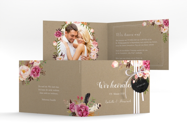 Hochzeitseinladung Flowers A6 Klappkarte quer Kraftpapier mit bunten Aquarell-Blumen