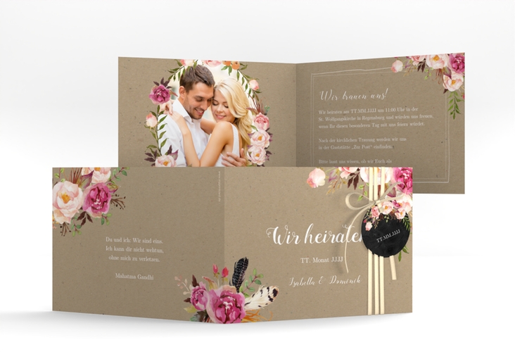 Hochzeitseinladung Flowers A6 Klappkarte quer Kraftpapier mit bunten Aquarell-Blumen