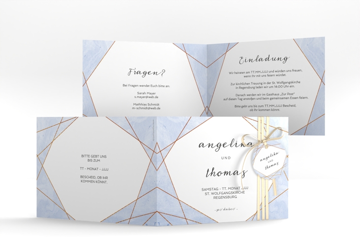 Hochzeitseinladung Asymmetry A6 Klappkarte quer blau